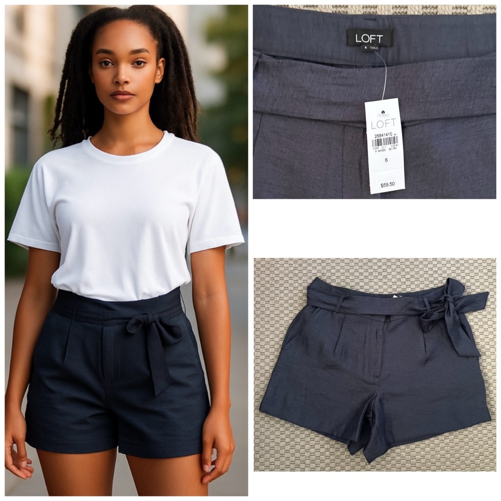 NWT‎ LOFT Women's Pleated Shorts
W/Tie Belt Shiny High Rise Blue Size 6